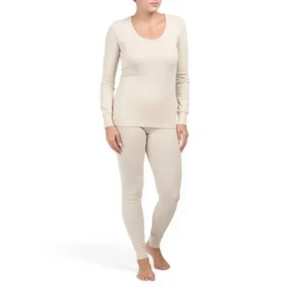 PETIT LEM RIBBED ORGANIC COTTON BLEND LONG SLEEVE PAJAMA SET Wheat Tan M